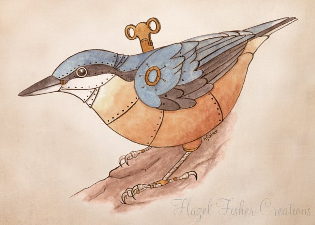 Clockwork Bird - Nuthatch without text - steampunk Illustration 5x7 inch Print
