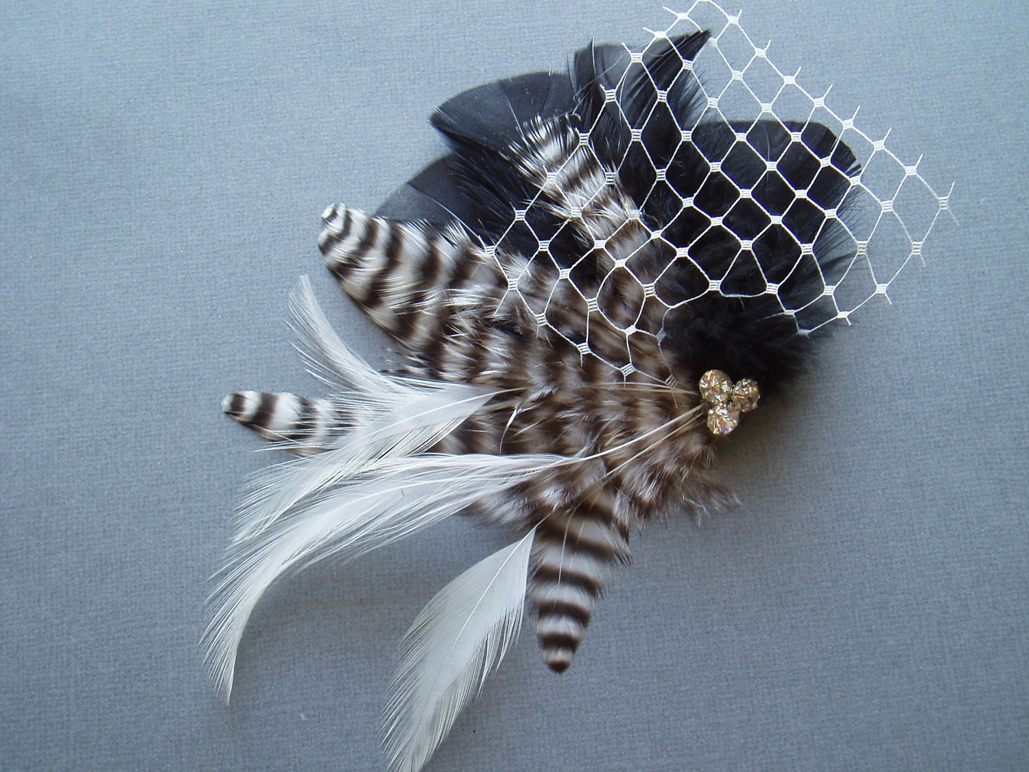 Steampunk Wedding Feather Hair Clip Black and White WEDDING HAIR PIECE bridal fascinator veil substitute - Ready to Ship