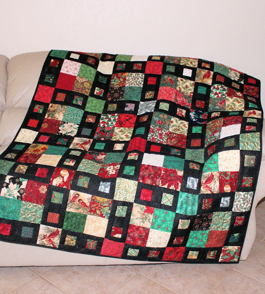 Cardinals and Poinsettias Winter Lap Quilt or Sofa Throw