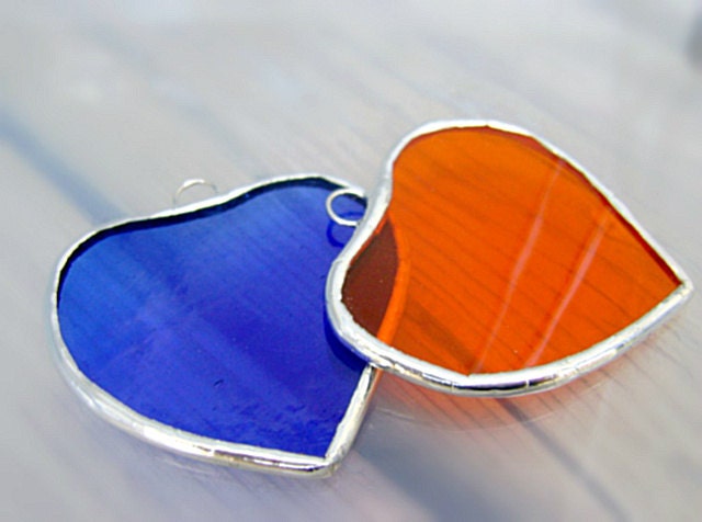 Hearts Stained Glass Shabby Twins Suncatchers ORANGE BLUE Ornament Mothers Day Easter Gifts Valentines Wedding Favors I Love You - GothicGlassStudio