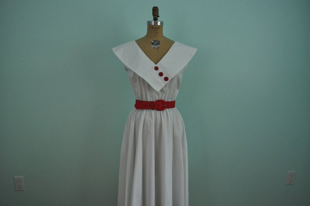 vintage sundress 80s red white large collar L
