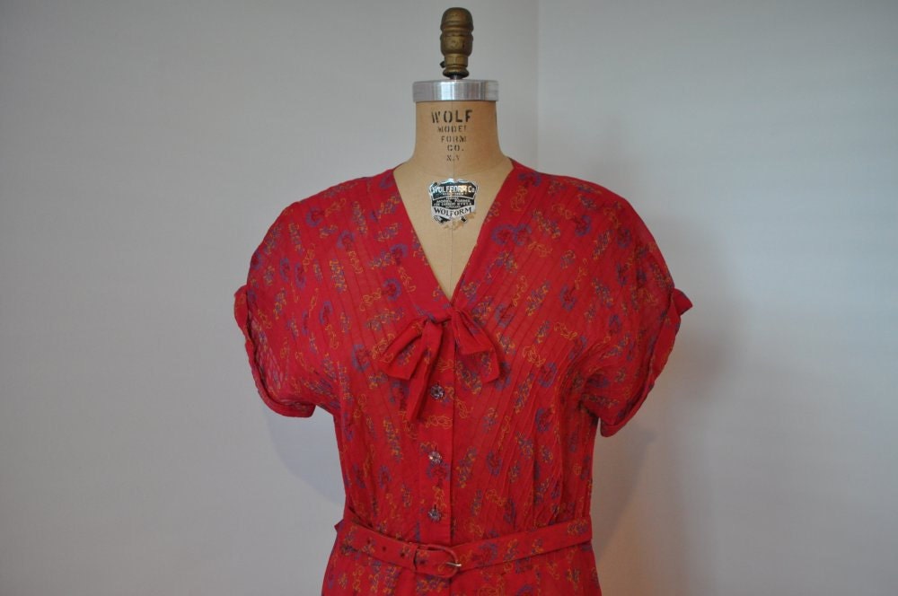 vintage 1950's dress Korell sheer red novelty print XL