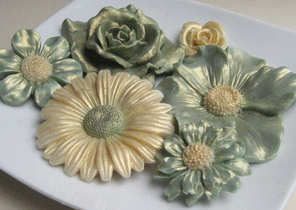 Soap Flowers in Shimmery Green and Gold - Decorative Flower Soaps