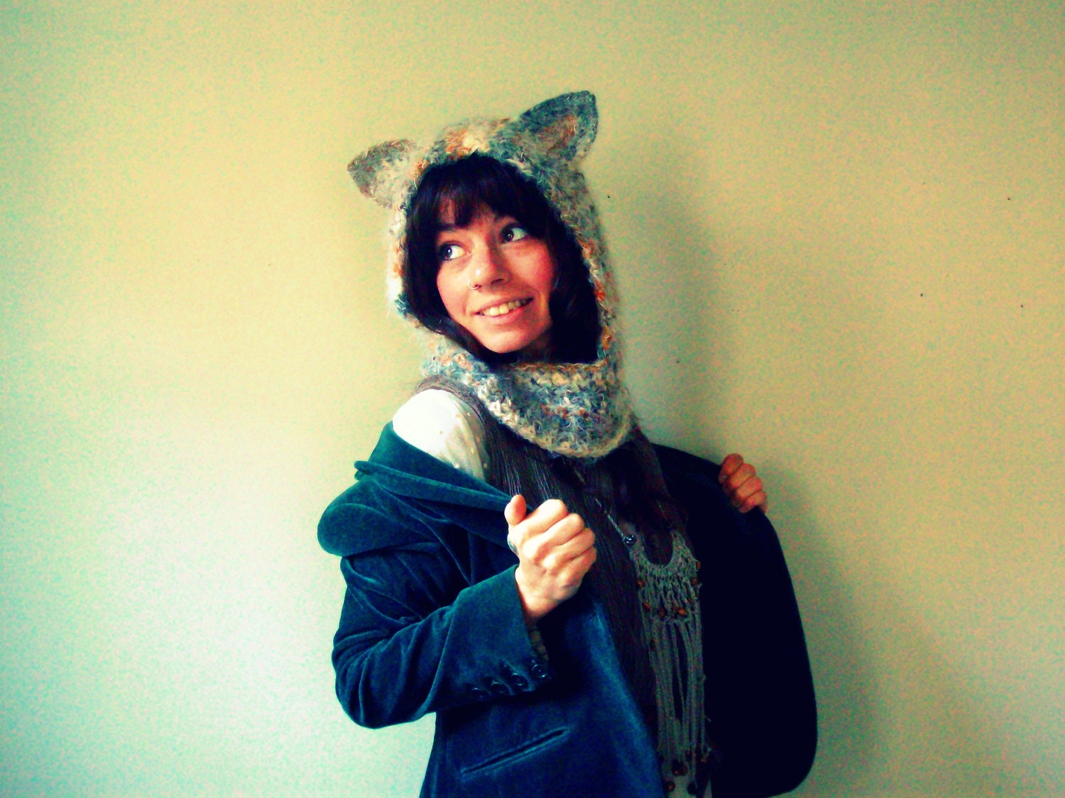 wolf hood. crochet hooded cowl with animal ears. one size.