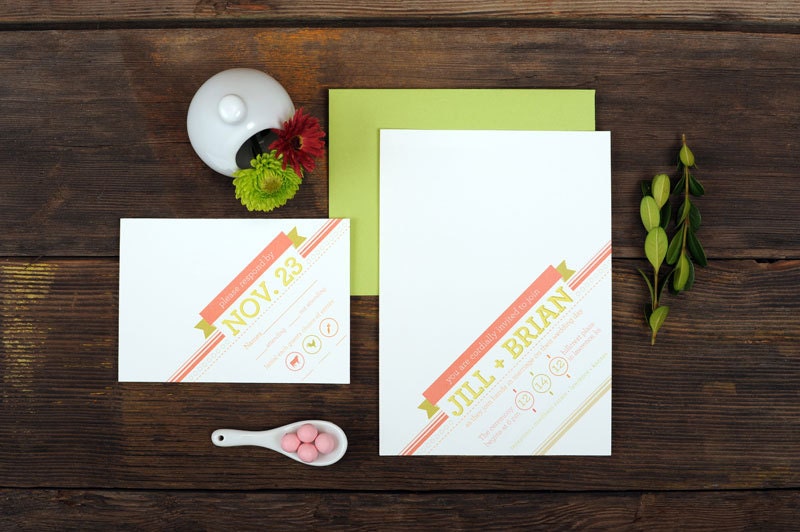 Simple Graphic Wedding Invitations - Diagonal Script Slanted Angled Pink Invite