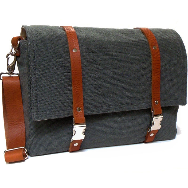 Camera & tablet messenger bag with leather strap  - gray herringbone
