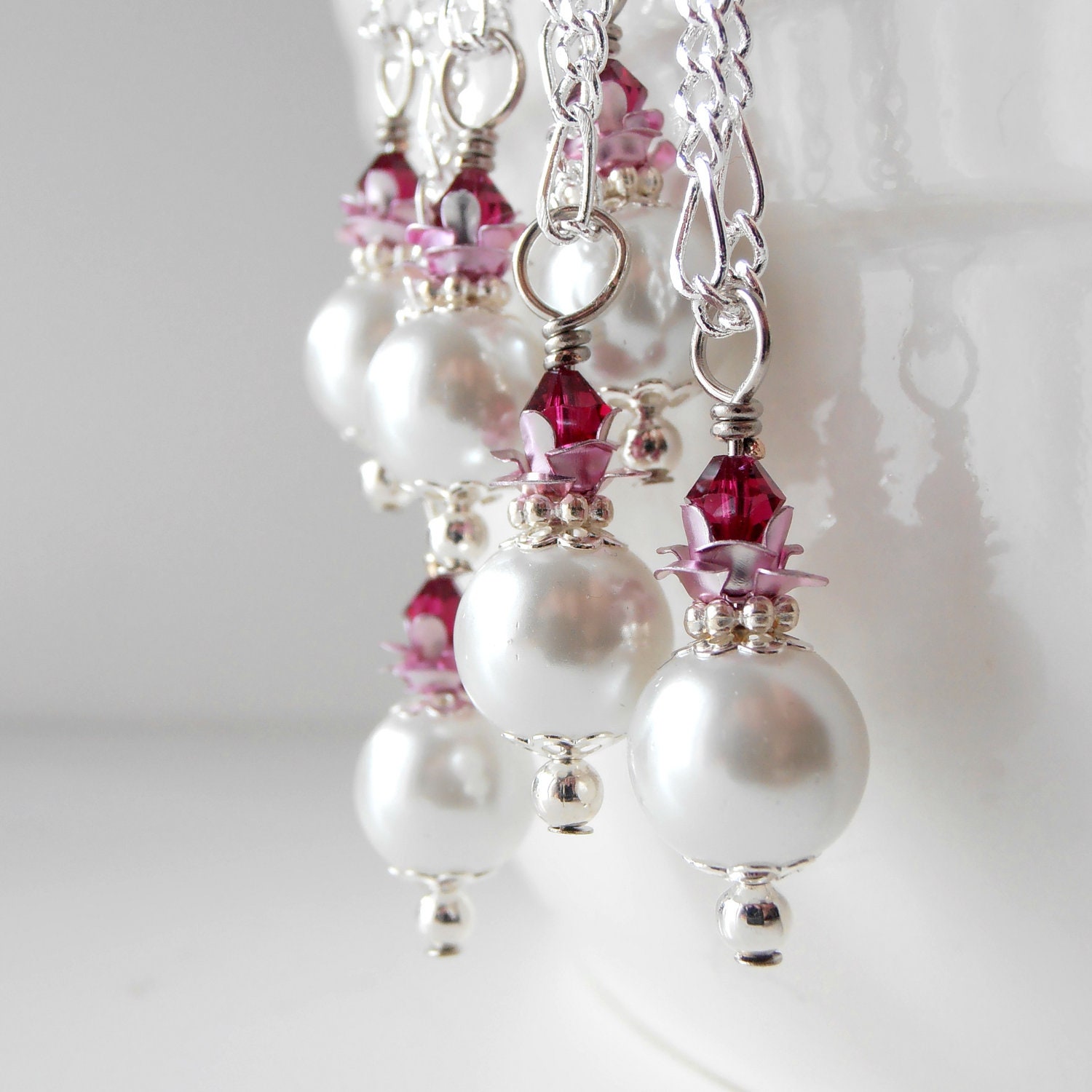 Weddings, Bridesmaid Necklaces, Beaded Jewelry, White Pearl Pendant with Magenta Pink Crystals on Silver Chain, Handmade Jewelry