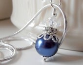 Bridesmaid Jewelry Dark Blue Pearl Necklace Beaded Pendant in Silver Bridesmaid Necklaces Midnight Blue Wedding Navy Pearl Jewelry - FiveLittleGems