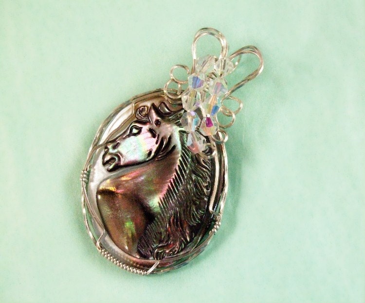 Cameo Pendant Hand Carved Shell Horse  "Night Wind"