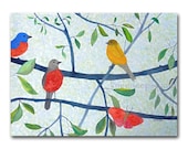 Summer Birds painting original 9x12 watercolor modern fine art in mat colorful woodland birds on branches wall decor