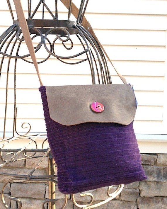 Crossbody Bag in Purple Corduroy with Leather Flap