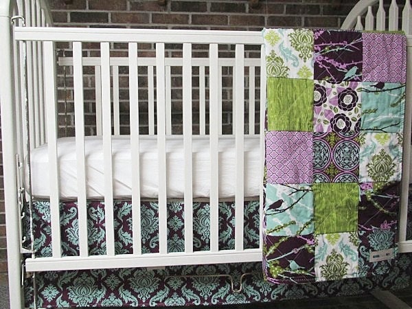 Baby Crib Bedding, 2-piece, Minky Dot crib quilt, and skirt, Aviary 2 in lilac, fresh modern handmade, PLUSH for baby