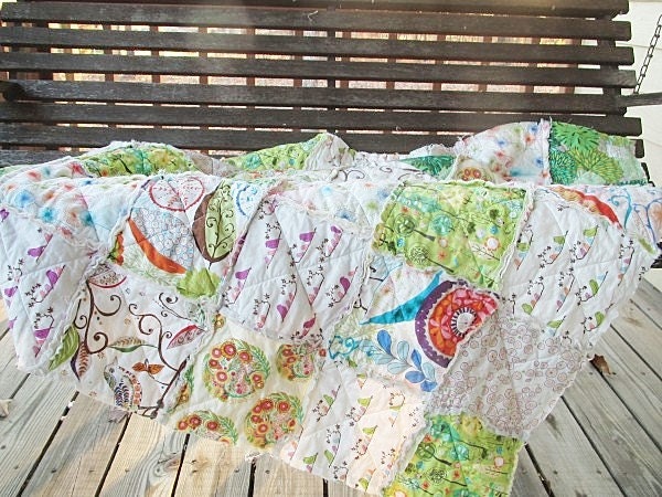 Picnic Quilt Throw, Rag, Gypsy, ALL NATURAL, fresh modern handmade, READY to ship