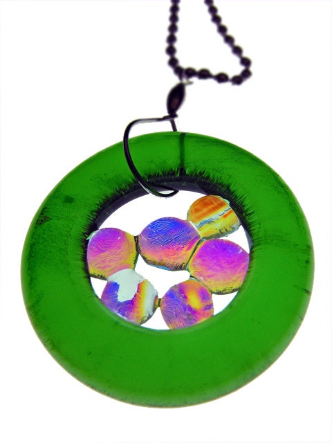 Simply Upcycled Glass Pendant Necklace - Green Dichroic Center