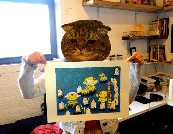 5 color hand printed silkscreen poster  "Little Elephants and box-kun"