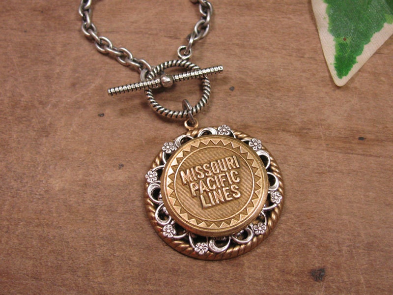 Button Jewelry - Upcycled Missouri Pacific Railway Lines Coat Button Toggle Necklace - Mixed Metals