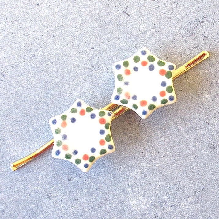 Polka Dot Hair Pins. Denim Blue, Forest Green & Rose on White Porcelain Curvy Hexagons  Set of  2 Bobby Pins