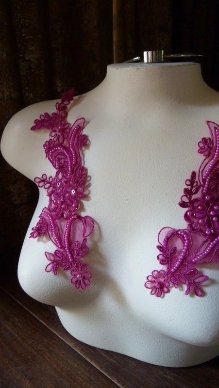Beaded Applique Lace Pair in Fuchsia Pink for Bridesmaids, Headbands, Sashes PR 114pink