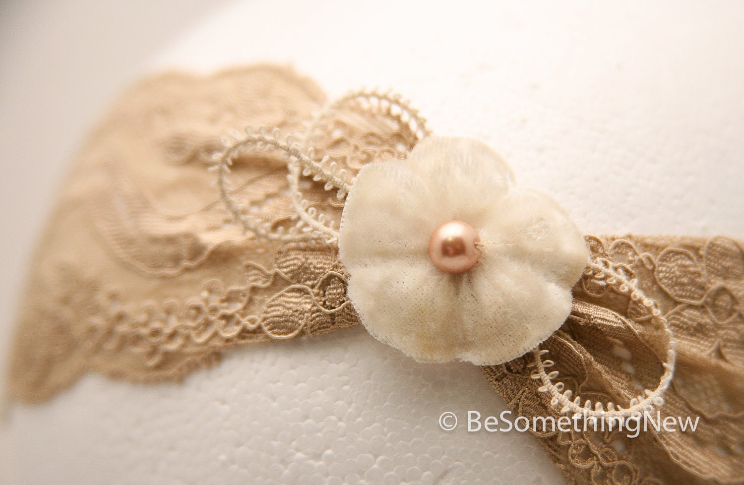 Champagne elastic lace headband with vintage velvet flower and lace, women hair accessories