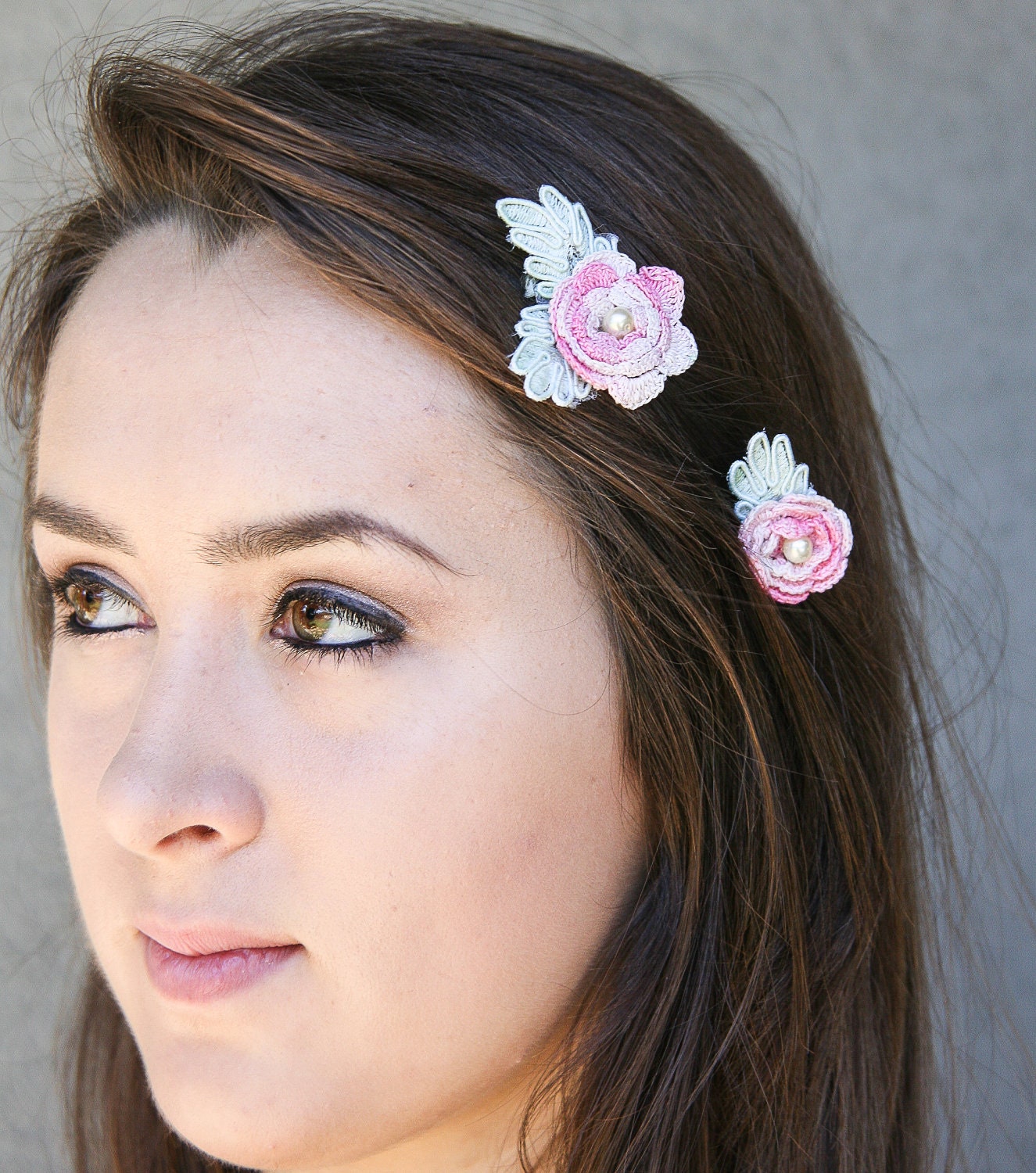 vintage flower bobby pins, pink and green, women hair accessory