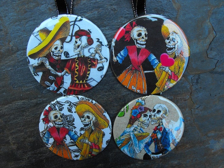 Skeleton Couples Day of the Dead Decorated Ornaments/Magnets - Set of 4