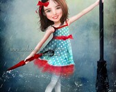 ACEO ATC - "Singing in the Rain" - Artists Trading Card - Mini Fine Art Print - 2.5x3.5" - Little Girl with Red Umbrella Dancing in Rain