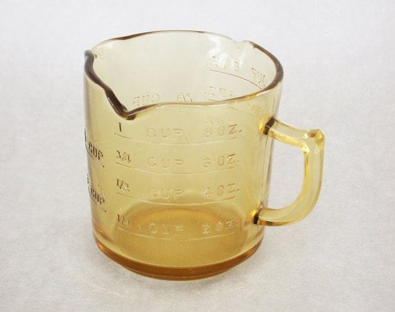 Antique Amber Glass Embossed Three Spout Measuring Cup by LolaKai