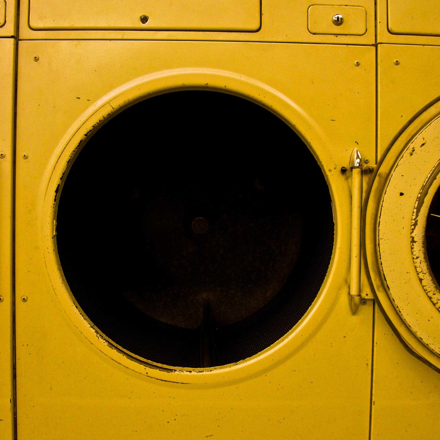 Laundromat - 5 X 5 Photography Print - Square Photo Yellow Black Circle Grunder Washer Dryer
