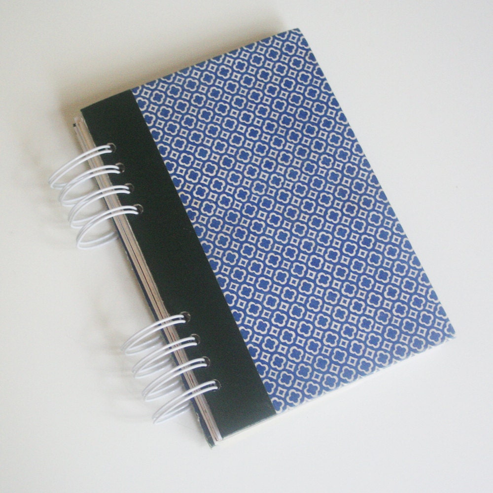 vintage upcycled spiral bound art journal, navy and white