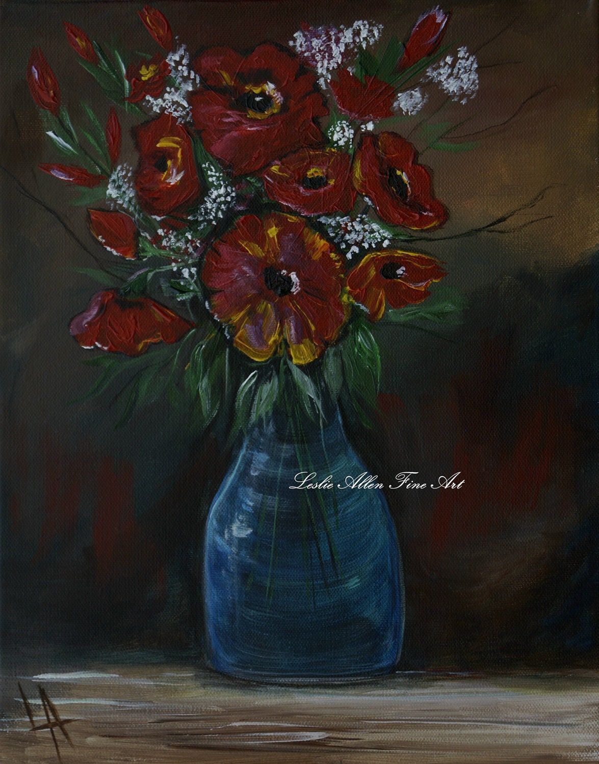 Flower Original Acrylic Painting Flowers Floral Painting Poppies Poppy Vase Rose Roses Red "Perfect Setting" Original  Leslie Allen Fine Art