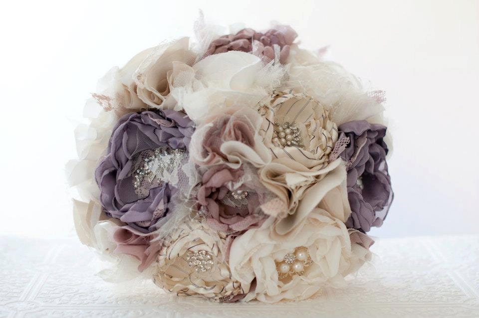 Fabric Flower Custom Wedding Bouquet, with rhinestone and pearl brooches, choose your colors, Victorian Lilac
