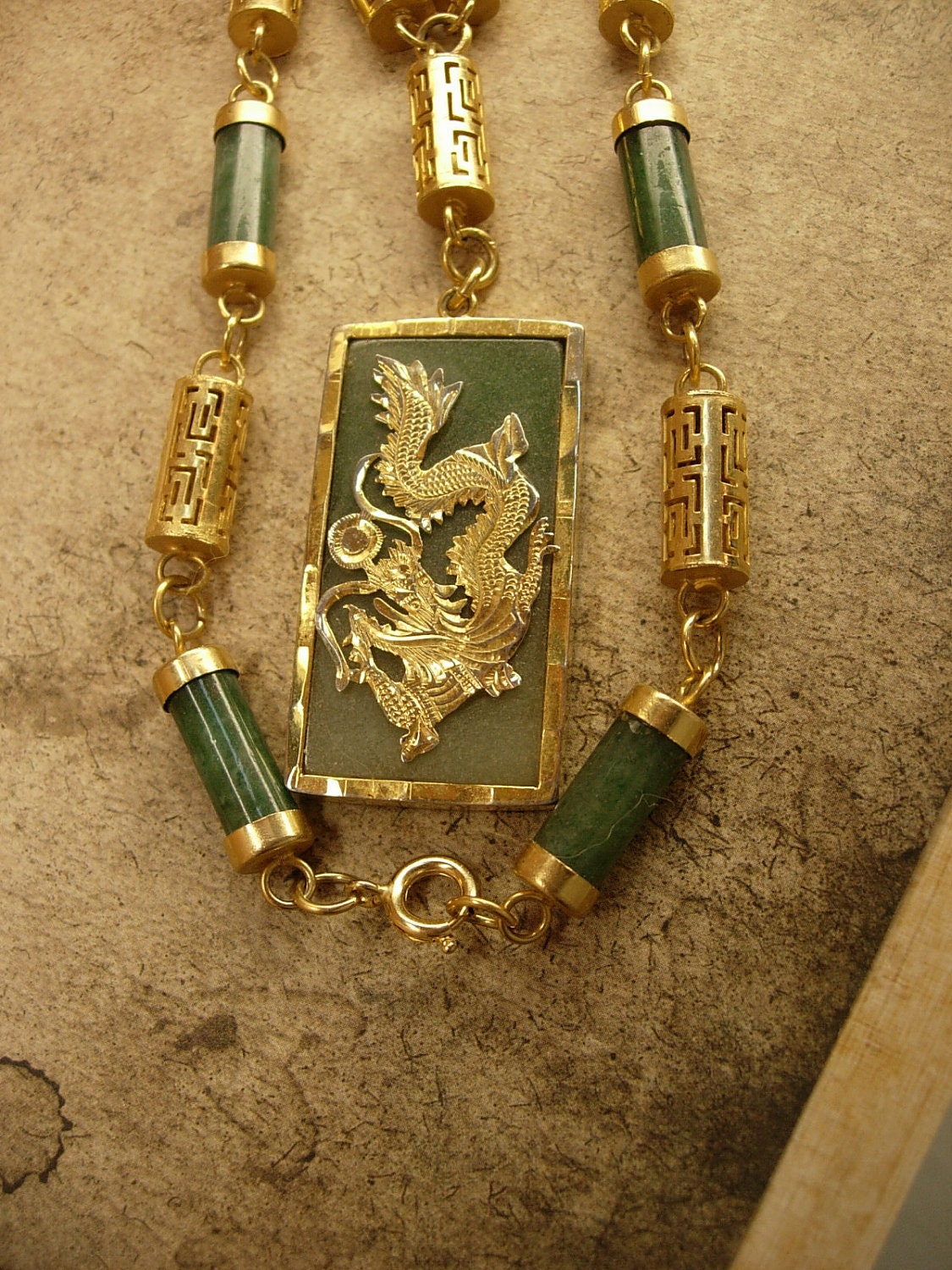 Reserved for MIC Vintage Jade Dragon Necklace chinese links and writing pendant