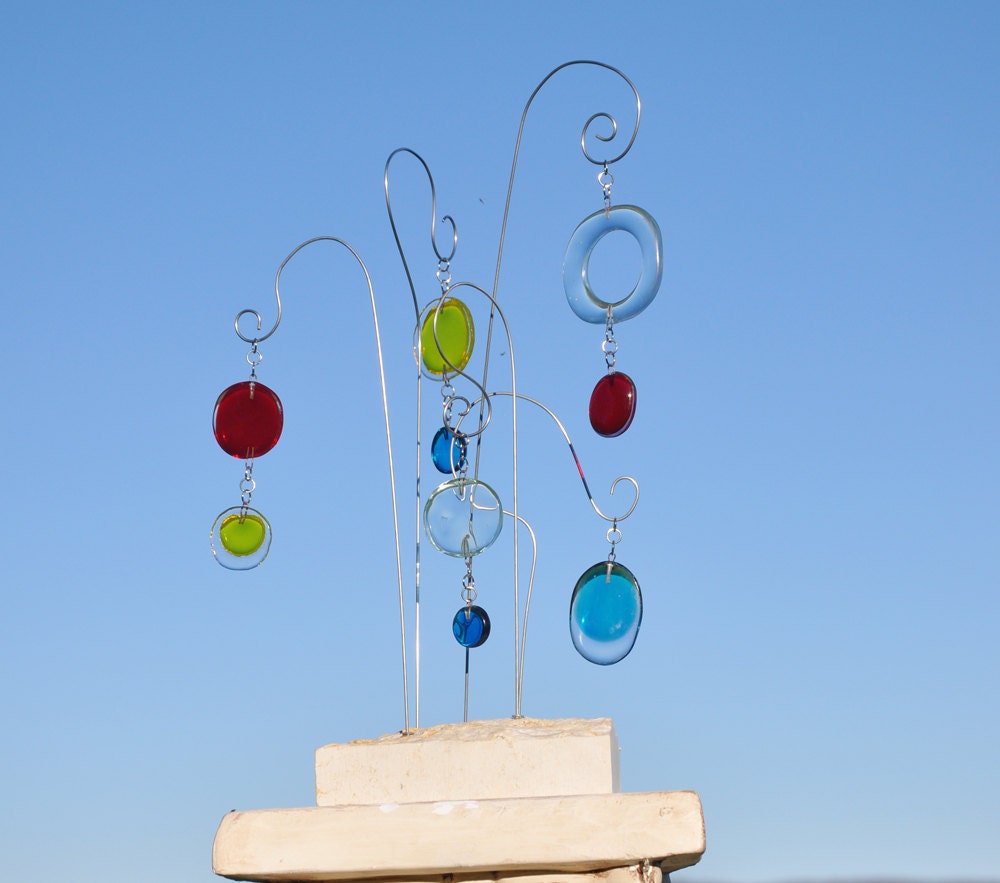 Red yellow and blue fused glass modular mobile