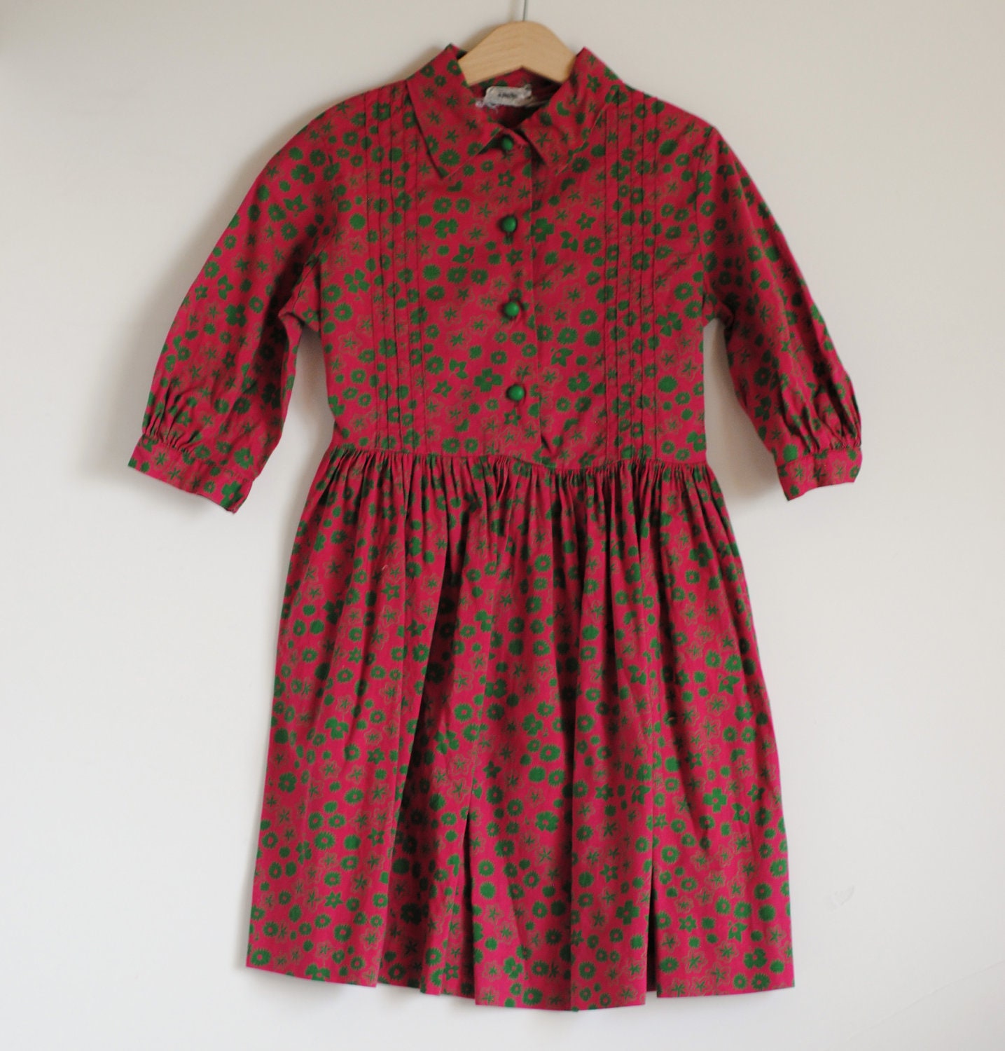 Vintage 1960's Little Girl Dress - Red with Green Flowers