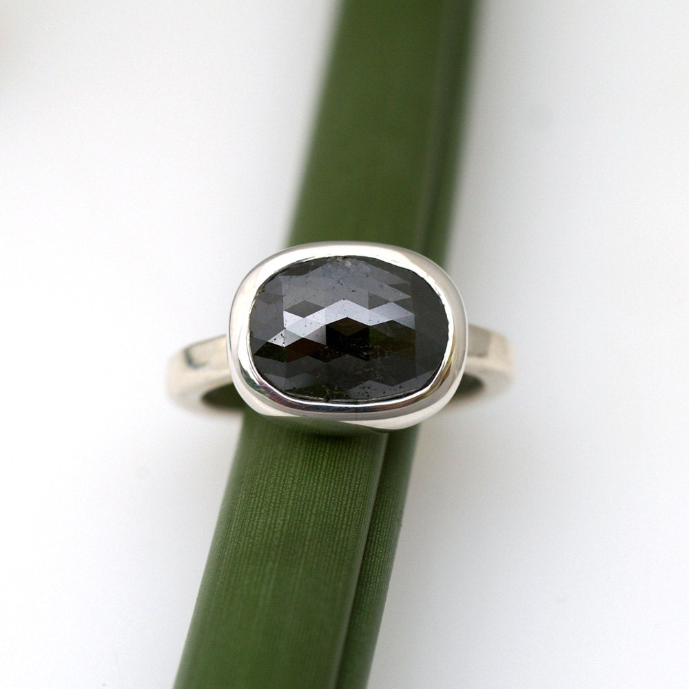 ON SALE Checkerboard Cut Black Diamond Cocktail Ring In Silver