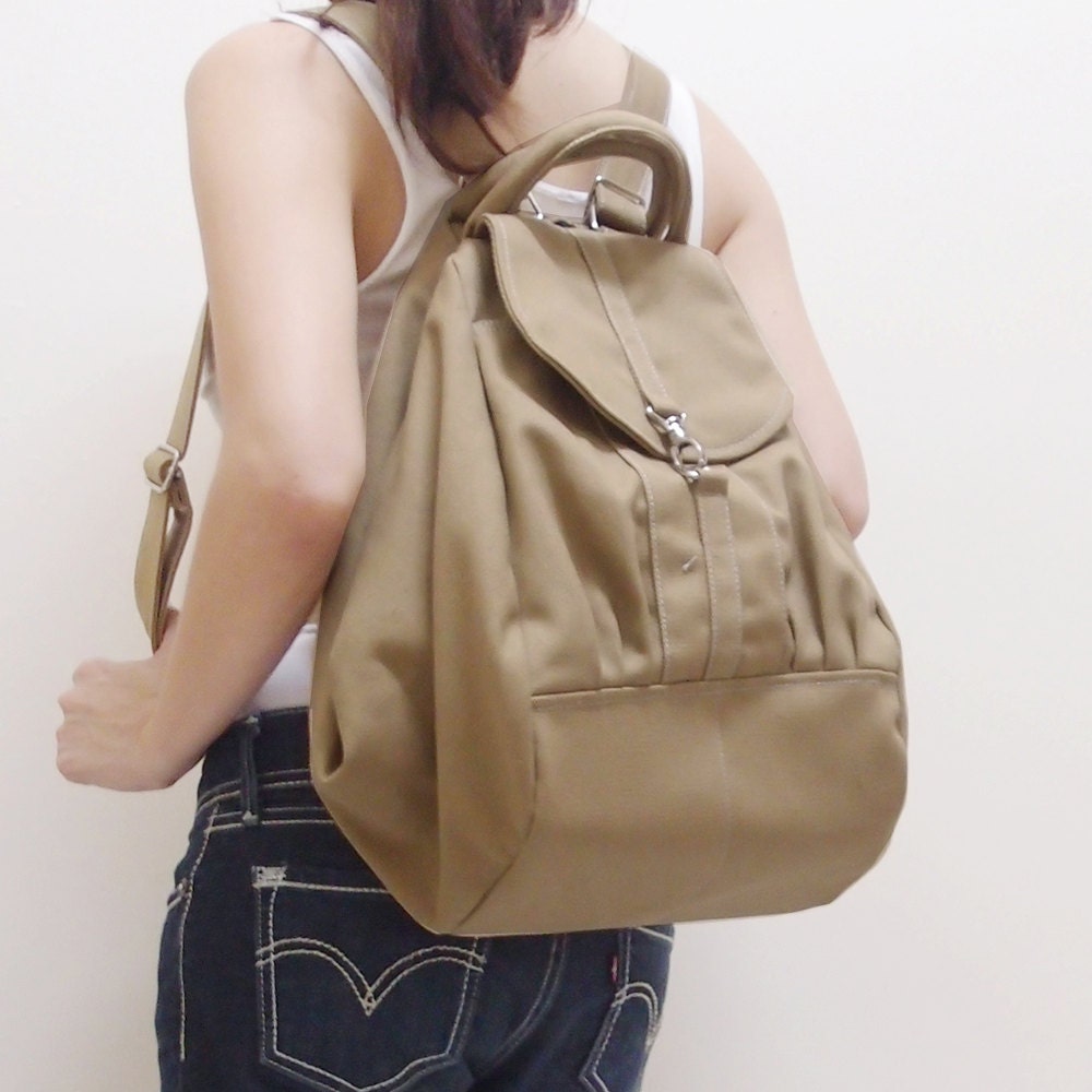 MAY Sale - Khaki Canvas Women Backpack, Rucksack, Satchels, Messenger bag, Shoulder Bag, Tote, Hobo, School Bag, Handbag - ESSENTIAL