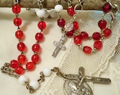 rosary necklace, eco friendly, crucifix, religious medal, red & white rosary beads, unisex, pendant, ONE OF A KIND, bycat