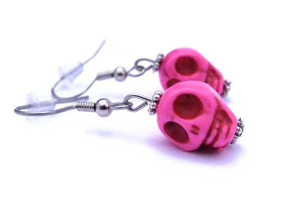Mother's Day Sale, Pink Skull Earrings, Hot Pink Mini Magnesite Skull Earrings