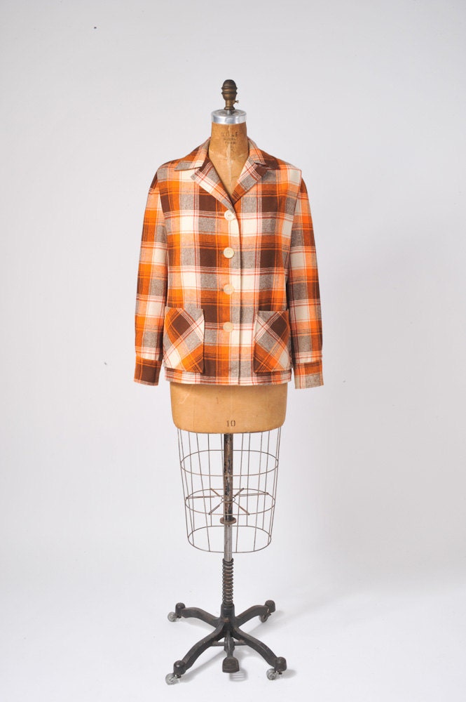 1940's Country Plaid Shirt Jacket - Pumpkin & Brown Plaid Coat