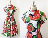 1960s floral dress / vintage 60s party dress /  Les Wilk red and white floral full circle skirt dress