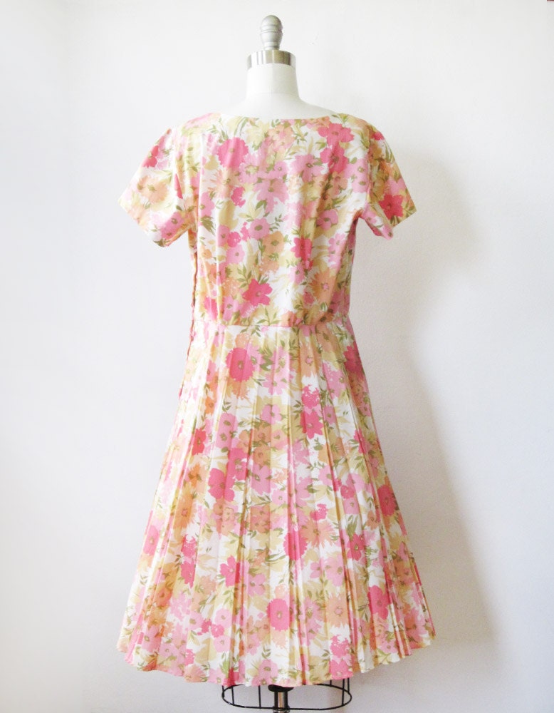 vintage 1950s dress / pink floral rhinestone 50s party dress