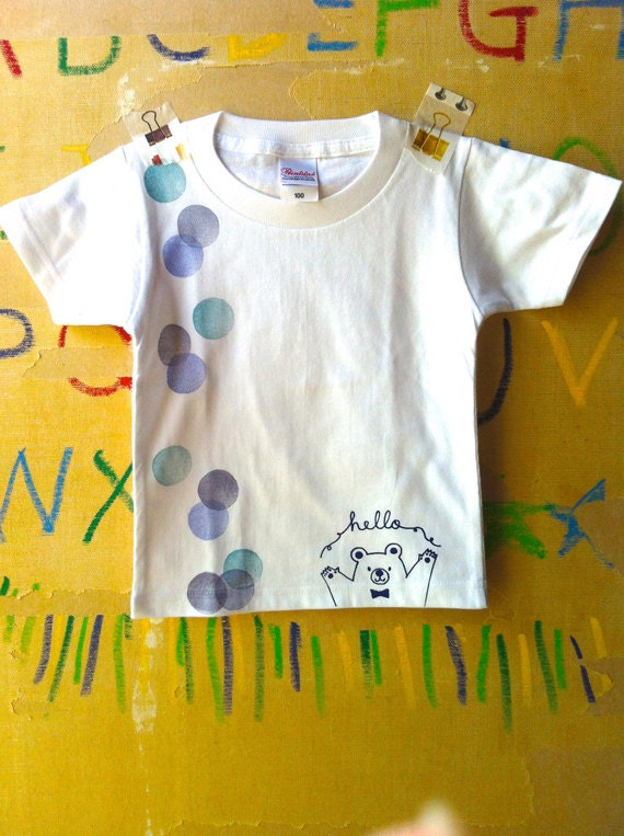 hello bear tshirt. children tshirt. hand printed tshirt. hand stamped tshirt. limited edition. white. READY TO SHIP