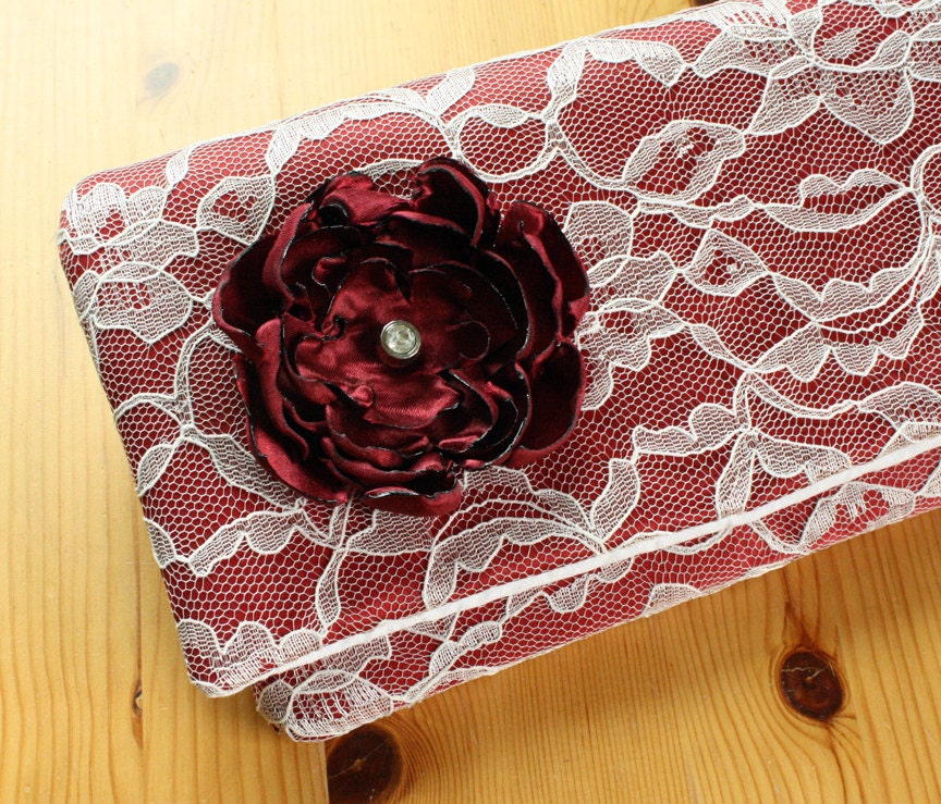 The AMELIA CLUTCH - Bridesmaid Clutch - Red Satin and Ivory Lace Clutch with Burgundy Fabric Flower - Bridesmaid Gift Idea