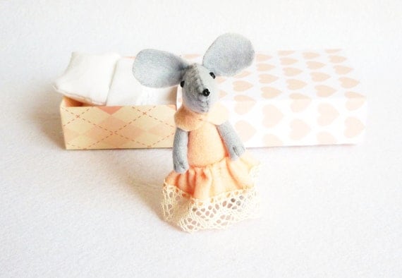Peach coral pink  felt mouse miniature plush in matchbox bed