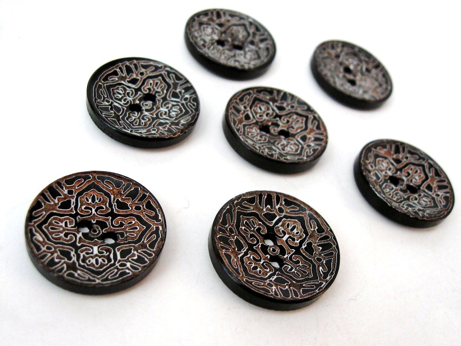 6 Dark Brown wooden button - white ethnic pattern 25mm  (120E) - AnnyMayCraftSupplies