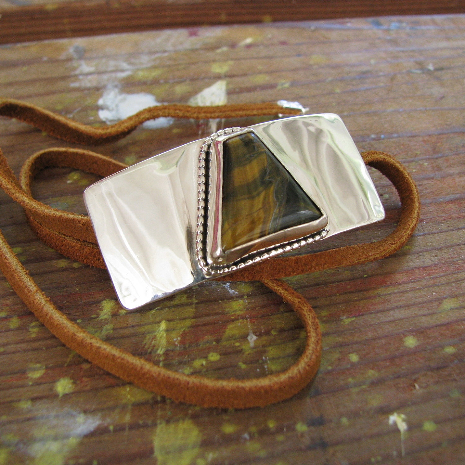 Golden Tiger Eye Quartz Silver Suede Leather Wrap Bracelet