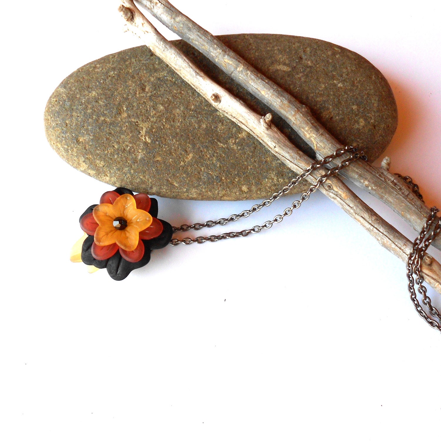 Flower necklace frosted black, yellow, orange with dark brown swarovski