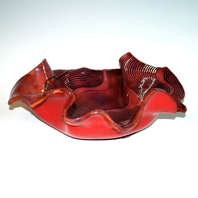 Large ceramic texture bowl,  wedding gift, home décor, red, purple, violet, yellow ochre, brown, OOAK, 15 by 6