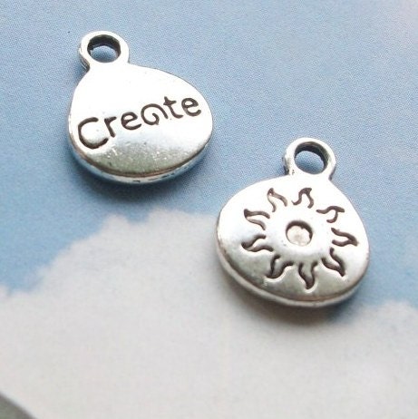 10 round 'create' charms, double sided with sunburst, silver tone, 15mm