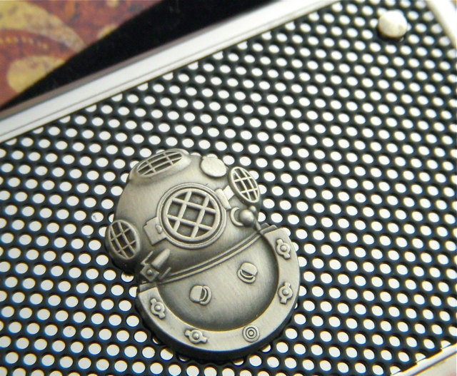 Steampunk Card Case Nautical Steampunk Industrial Inspired Silver & Black Scuba Diving Diver Helmet Card Holder
